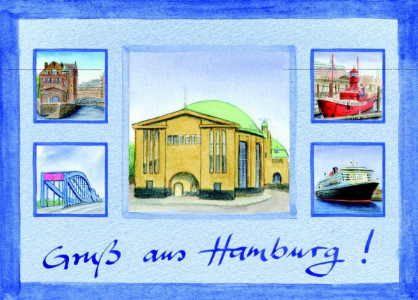 Postkarte A6 Collage Alter Elbtunnel