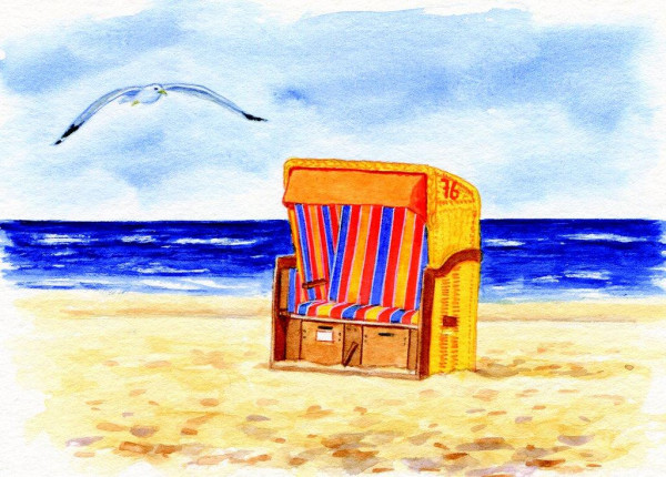 Postkarte Strandkorb und Möwe