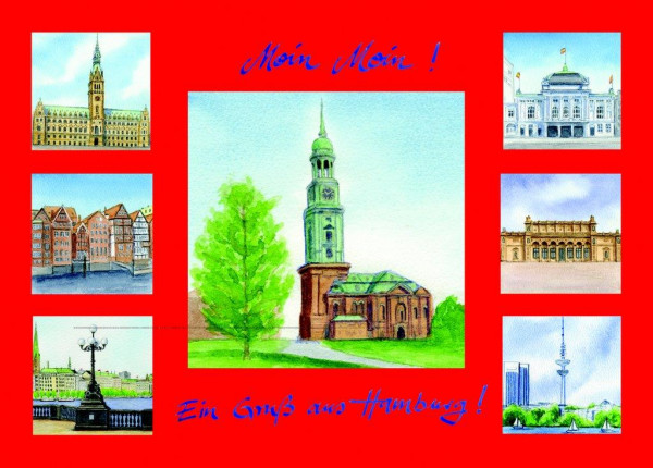 Postkarte A6 Collage Michel, rot