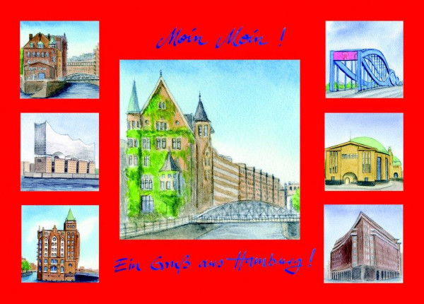 Postkarte A6 Collage Speicherstadt, rot